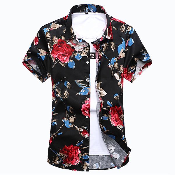 

fashion shirt for men flower cotton short sleeve leisure shirt summer brand fit men's large size 6xl 7xl gent life, White;black
