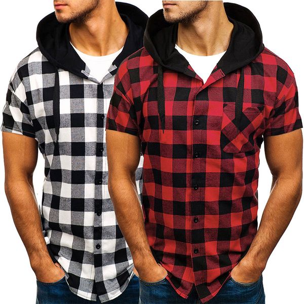 

new arrival mens shirts male plaid hooded shirt summer casual black red -3xl men short sleeve shirt, White;black