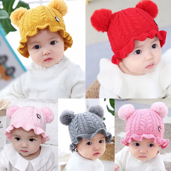 

baby knitted hat winter infant wool warm hat princess toddler cute beanies fashion newborn baby warm double ball knitted beanies, Yellow