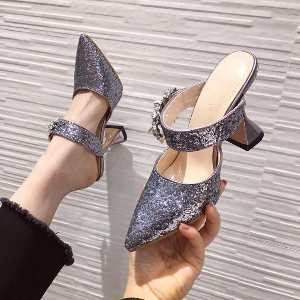 

fashion women sandals slippers pointed toe summer slides thin high heels pumps party rhinestone shoes silver/black big size 41