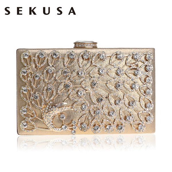 

sekusa peacock rhinestones metal women clutch bag gold/silver/black diamonds chain handbags crystal party wedding bag