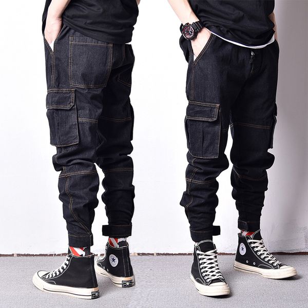 

japanese style vintage design men jeans original color spliced fashion loose fit big pocket cargo pants hip hop jogger jeans men, Blue