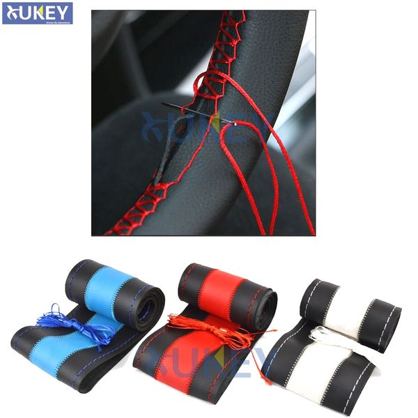 

2017 dual tone diy steering wheel covers soft leather steering-wheel cover car auto with needle and thread interior accessories