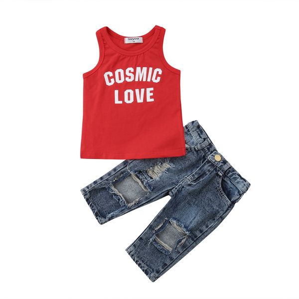 

2pcs toddler kid baby girl vest +denim ripped hole pants clothes outfits size 1-4t, White