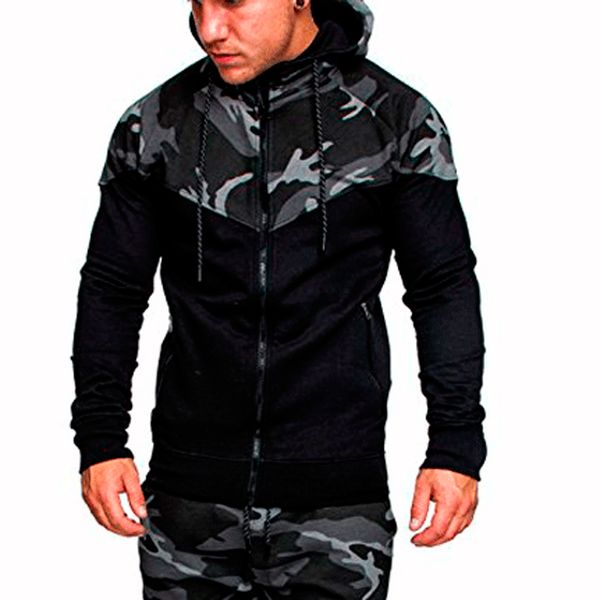 

2019 camo hoodie sweatshirt men fashion brand camouflage printed sweatershirts autumn casual zipper hoodies patchwork jacket, Black