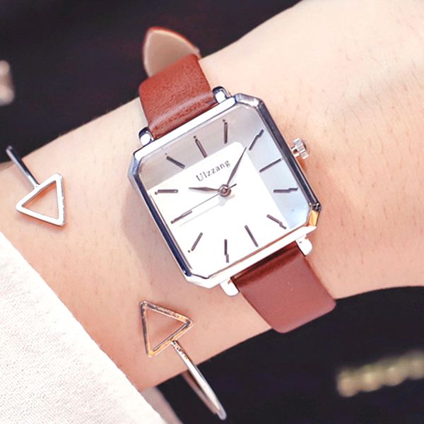 

women bracelet watch gift box set vintage simple quartz watches women luxury square dial fashion leather strap watch bangle gift, Slivery;brown