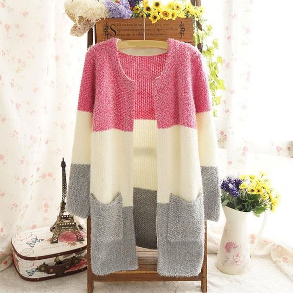 

autumn winter long cardigans women round neck long sleeve casual knitting sweaters o-neck fashion knitwear jumper pull, White