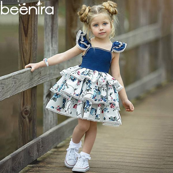 

beenira girl dresses fashion girls print dress ins explosion baby vest dress small flying sleeves lace princess cute cake dress y190516, Red;yellow