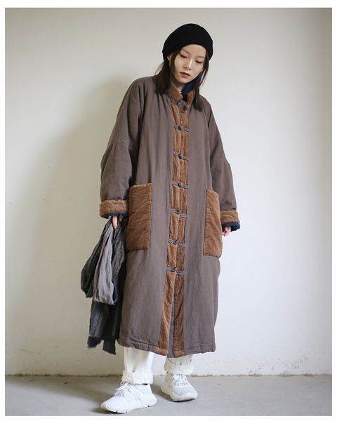 

superaen 2019 winter new warm parkas coat women cotton and linen stand collar parkas coat female chinese style women clothing, Black