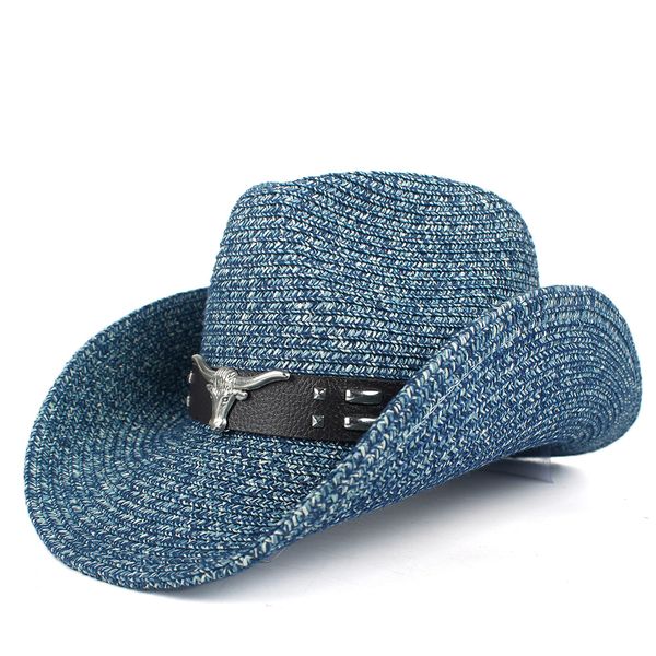 

women hollow western cowboy hat lady summer straw bohemian tassel sombrero hombre beach cowgirl jazz sun hat, Blue;gray