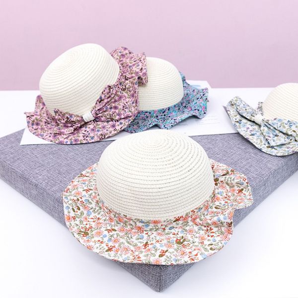 

baby children hats new fashion baby girls kids bowknot floral print straw beach cap4, Yellow