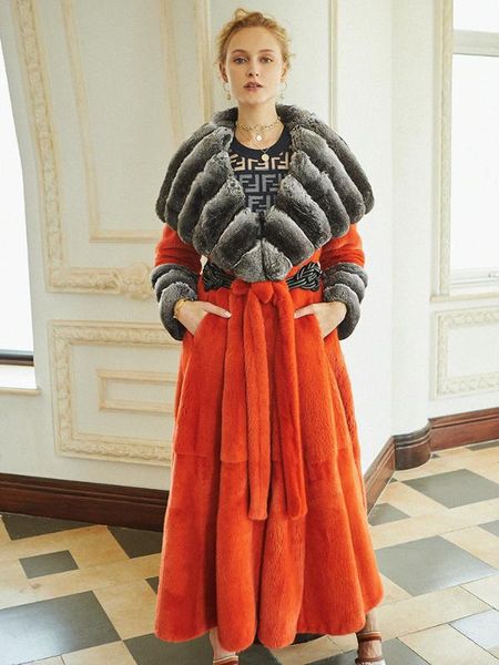 

arlenesain custom 2019 new design orange patchwork real chinchilla fur women long coat, Black