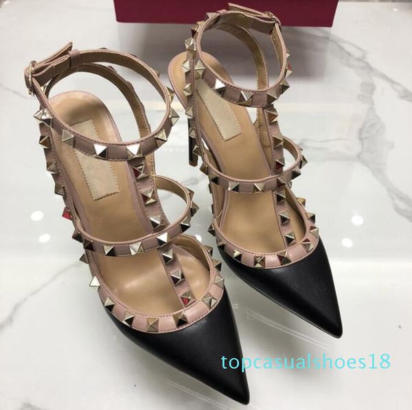 

2019 gold leather spikes women pumps wedding shoes woman high heels sandal ankle straps rivets shoes high heels bridal shoes t18, Black