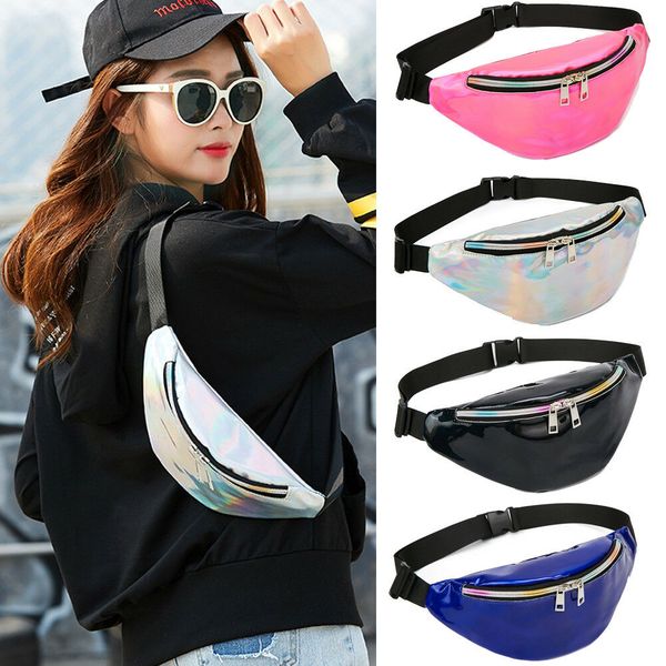 

women men iridescent holographic fanny pack shiny waist bag hip purse travel bag