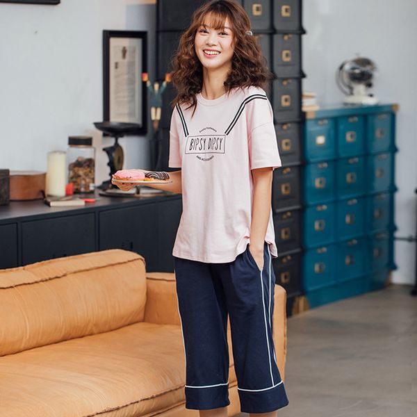 

summer new short sleeve cotton pajamas set pink comfortable two pieces set women sleepwear nightwear for women sleeping, Blue;gray