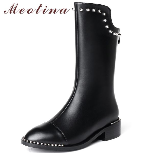 

meotina genuine leather mid-calf boots women rivets zipper thick heels boots real leather round toe shoes female autumn size 39, Black
