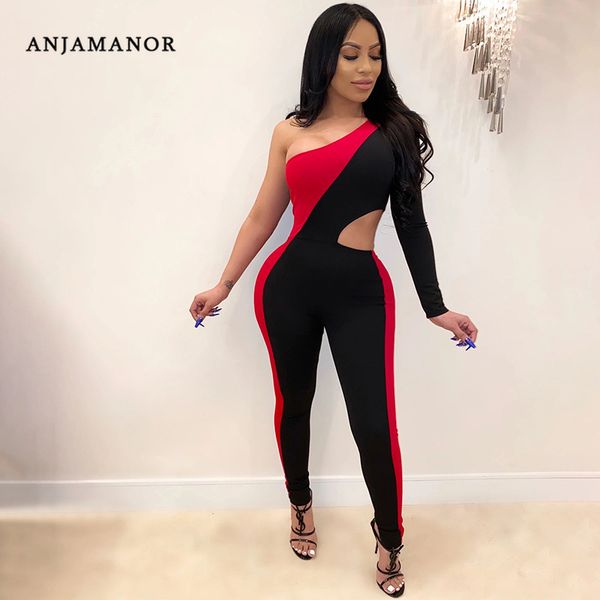 

anjamanor color block jumpsuit women summer 2020 clubwear fashion hollow out one sleeve bodycon rompers d87-ac72, Black;white