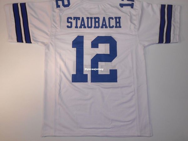 

retro custom sewn stitched #12 roger staubach white mitchell & ness jersey high-end men's football jerseys college ncaa, Black;red
