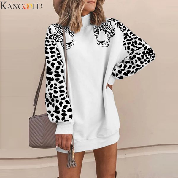 

kancoold new autumn winter sweatershirt quality leopard print high collar lace woolen clothes round neck streetwear style, Black