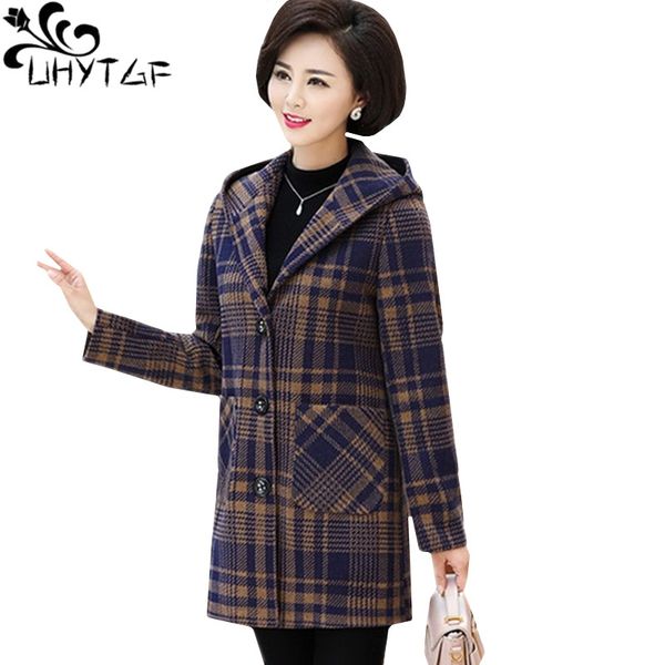 

uhytgf fashion womens spring autumn jacket lattice loose 5xl plus size woolen coat korean casual hooded wool outerwear tide 306, Black