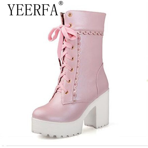 

yeerfa lolita pink black lace up tied high heel student shoes sweet lady cosplay platform chunky block mid calf short boots