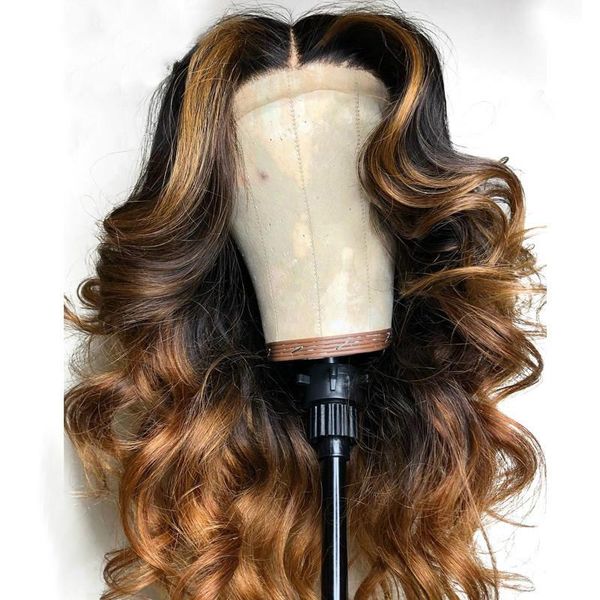 

brazilian fluff body wave lace front human hair wigs pre plucked honey blonde 150% density ombre color glueless wig with highlight, Black;brown