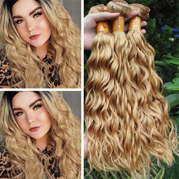 

honey blonde virgin brazilian water wave human hair 3 bundles deals #27 strawberry blonde wet and wavy hair weave wefts extensions, Black