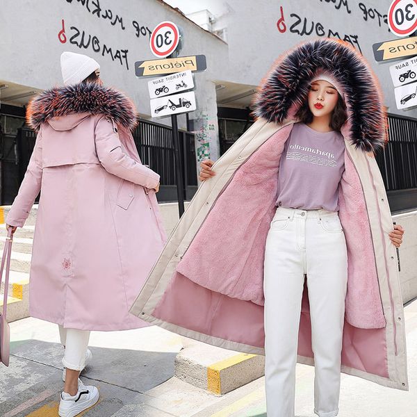 

winter faux fur coat women 2019 warm thicken long parka luxury fur liner cotton padded coat female overcoat outwear plus size, Black