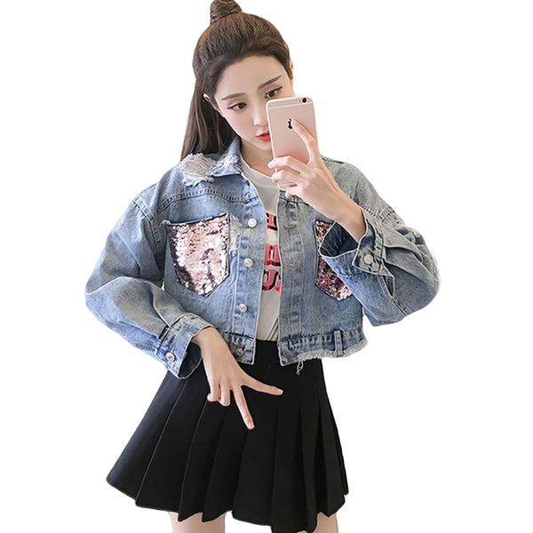 

women's jackets cool cropped jeans for women spring coats short female sequins jacket denim ripped outerwear streetwear coat d704, Black;brown