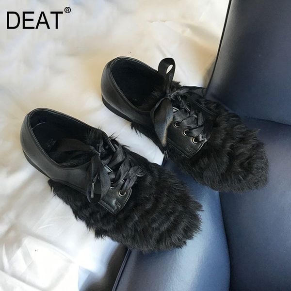 

deat] 2019 round toe shallow bandage lamswool fur velvet casual simple flat shoes women new autumn winter fashion tide 10e906, Black
