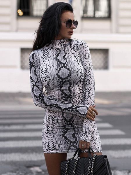 

fashion women autumn snake print bodycon ol mini dress elegant long sleeve leopard party club ladies dresses streetwear, Black;gray