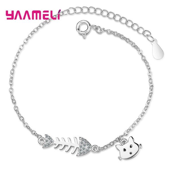 

925 sterling silver micro pave cubic zirconia fish bone bracelet for women girl cat charm bracelets bangle fshion jewelry, Black