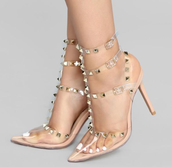 

luxury women designer clear nude transparent rivets studded pointed stiletto pumps size 35 to 40, Black
