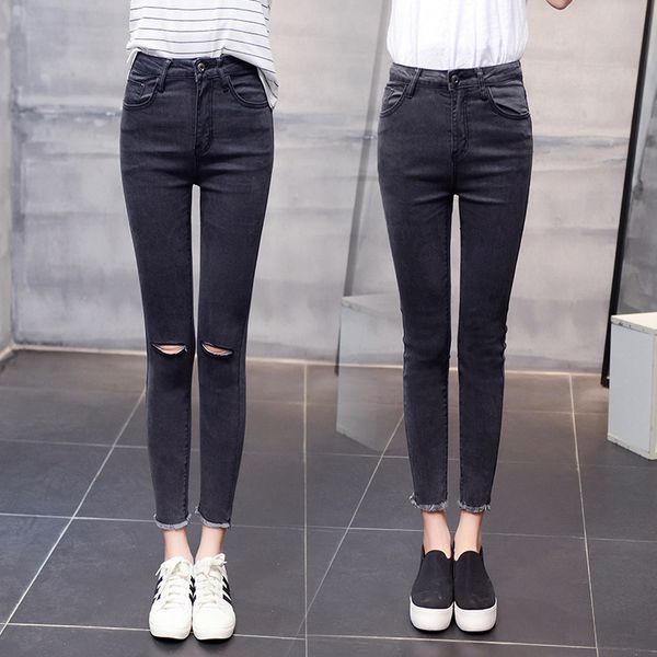 

2019 spring summer black jeans womens keen hole stretch high waist skinny ankle length pants for women plus size, Blue