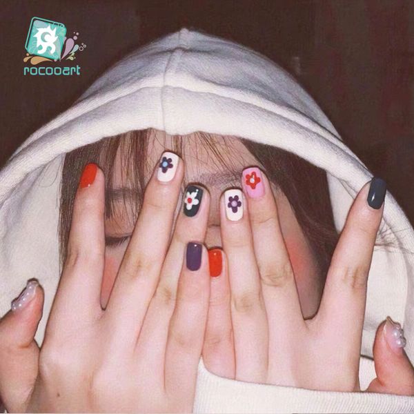 

korea summer sweet cute multi color flower nail sticker waterproof design nail decals for women girls party accessories, Black
