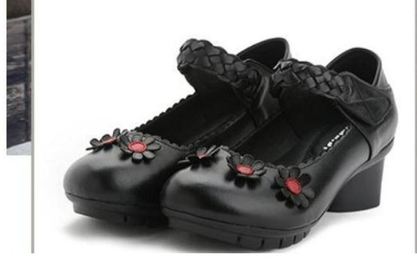 

2019 women's shoes in spring and autumn with new style middle heel coarse heel round head flower@qwer693, Black