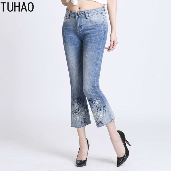

tuhao 2020 spring and summer stretch embroidered flower jeans plus size 7xl 6xl 5xl office lady woman jeans trousers wm28, Blue