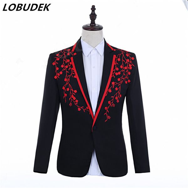 Giacca da abito formale con design applique da uomo Blazer floreale nero-rosso Cantante maschile Ospite del coro Abito da sposo slim Cappotto da bar Costume Plus Size S-3XL