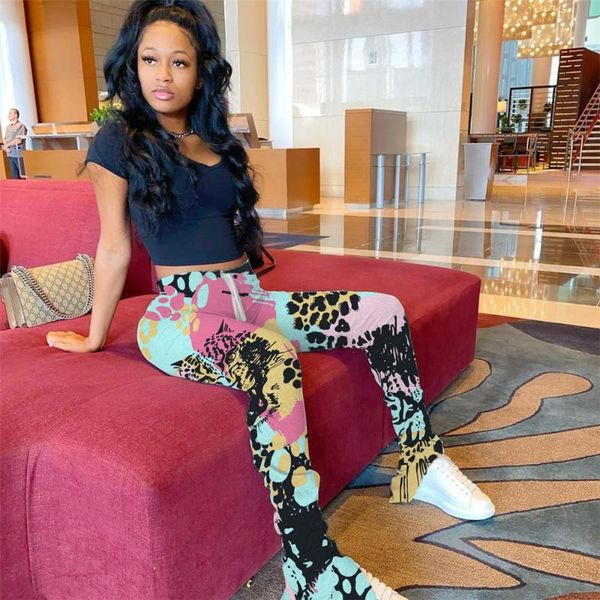 

women leopard stacked flare pants tie dyed colorful ruched sweatpants party club trousers joggers stacked pants, Black;white