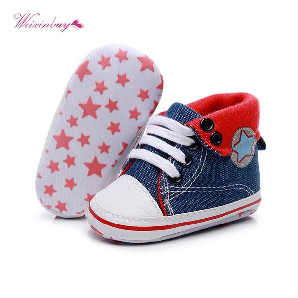 

0-18month baby boys girls star print sneakers leather sports crib soft first walker canvas shoes blue red