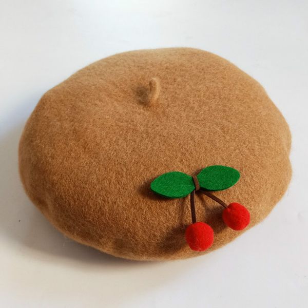 

children cherry beret autumn winter 48-52cm warm girl pure color cute japanese style handmade fashion painter beret, Yellow