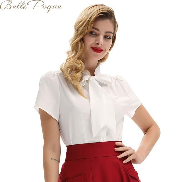 

belle poque new women and blouses bow solid chiffon blouse turn-down shirt female office work wear shirt 2020 women clothes, White