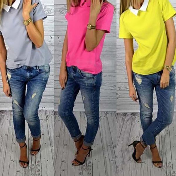 

summer blouse woman short fashion sleeve slim shirt doll collar pure color new korean women summer chiffon sweet blouses, White
