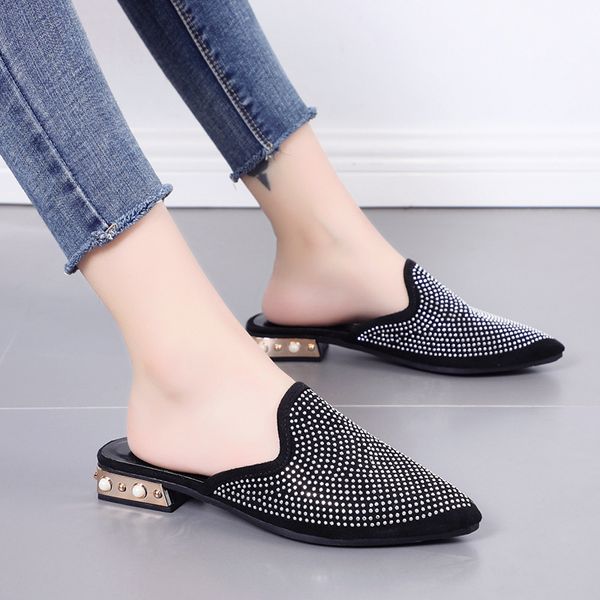 

spring and autumn's new pointy half - slipper sequined slippers with thick, low - heeled pearl mueller shoes, Black
