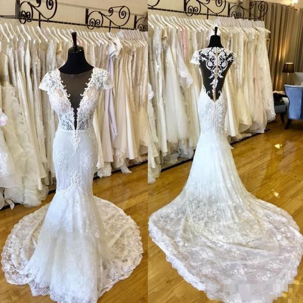

classy mermaid lace wedding dresses sheer deep v neck appliqued beach bridal gowns trumpet sweep train vestidos de novia, White