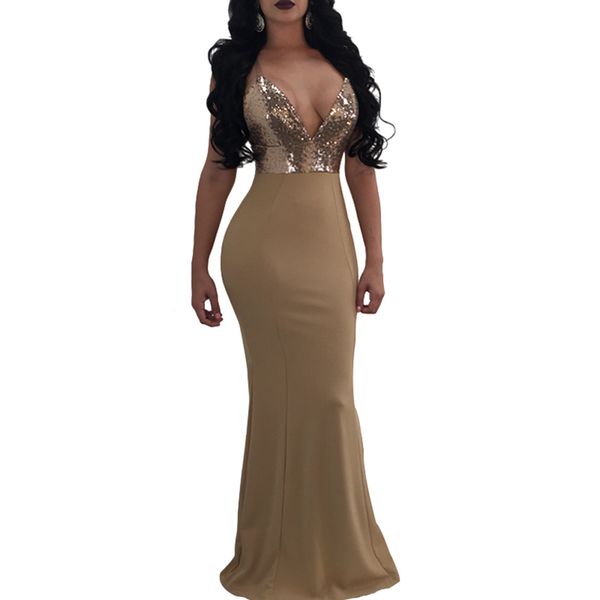 

women maxi sequined bodycon dress v neck backless sleeveless formal dress long bandage party dresses clubwear 2019 beige, Black;gray