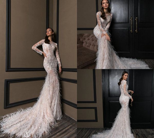 

crystal design mermaid wedding gowns long sleeve jewel neck illusion boho wedding dress luxury feather sweep train plus size bridal 4426, White