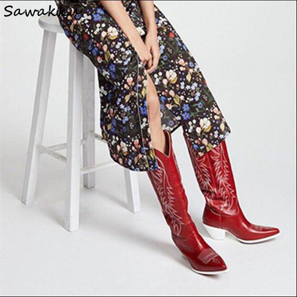 

new design kendall style women knee high boots autumn winter genuine leather slip on runway shoes embroider chunky high heels, Black