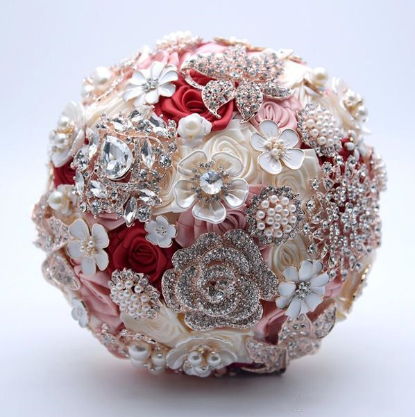 

2019 wedding bouquet blush pink burgundy crystal rhinestone bridal roses bouquets brooch pearl bride flower deco wedding party supplies