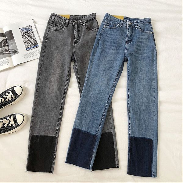 

boyfriend jeans for women autumn ladies high waist pencil pants side-slit patch vintage design slim flexibility casual jean, Blue